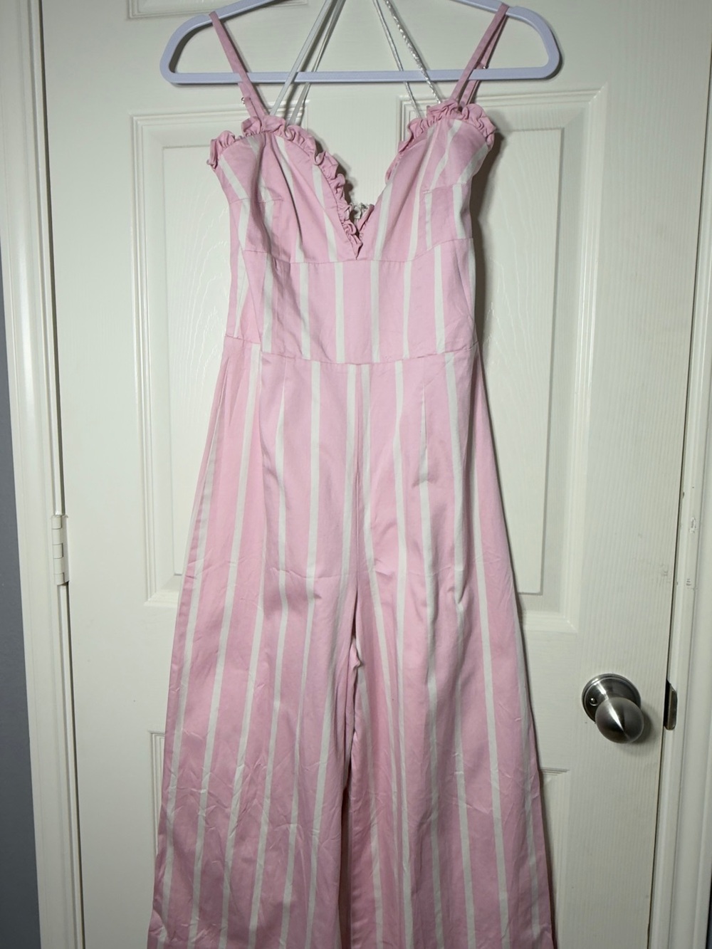 Gianni Bini Pink and White Striped Ruffle V-Neck Wide-Leg Jumpsuit